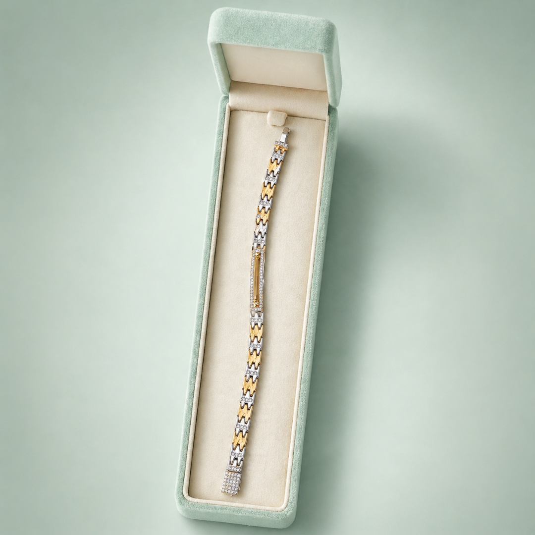 Dual Tone Zig-Zag Link Bracelet with Crystal Bar