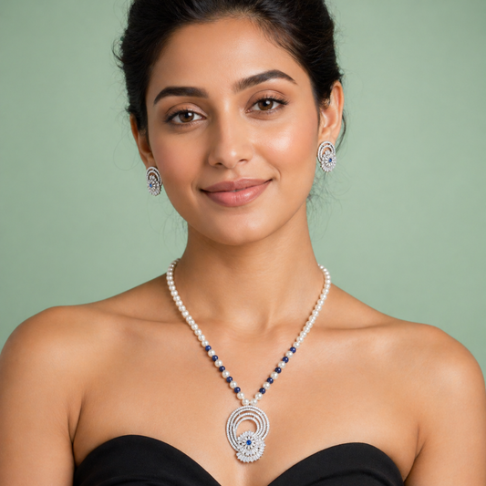 925 Silver Pearl & Blue Stone Pendant Necklace Set