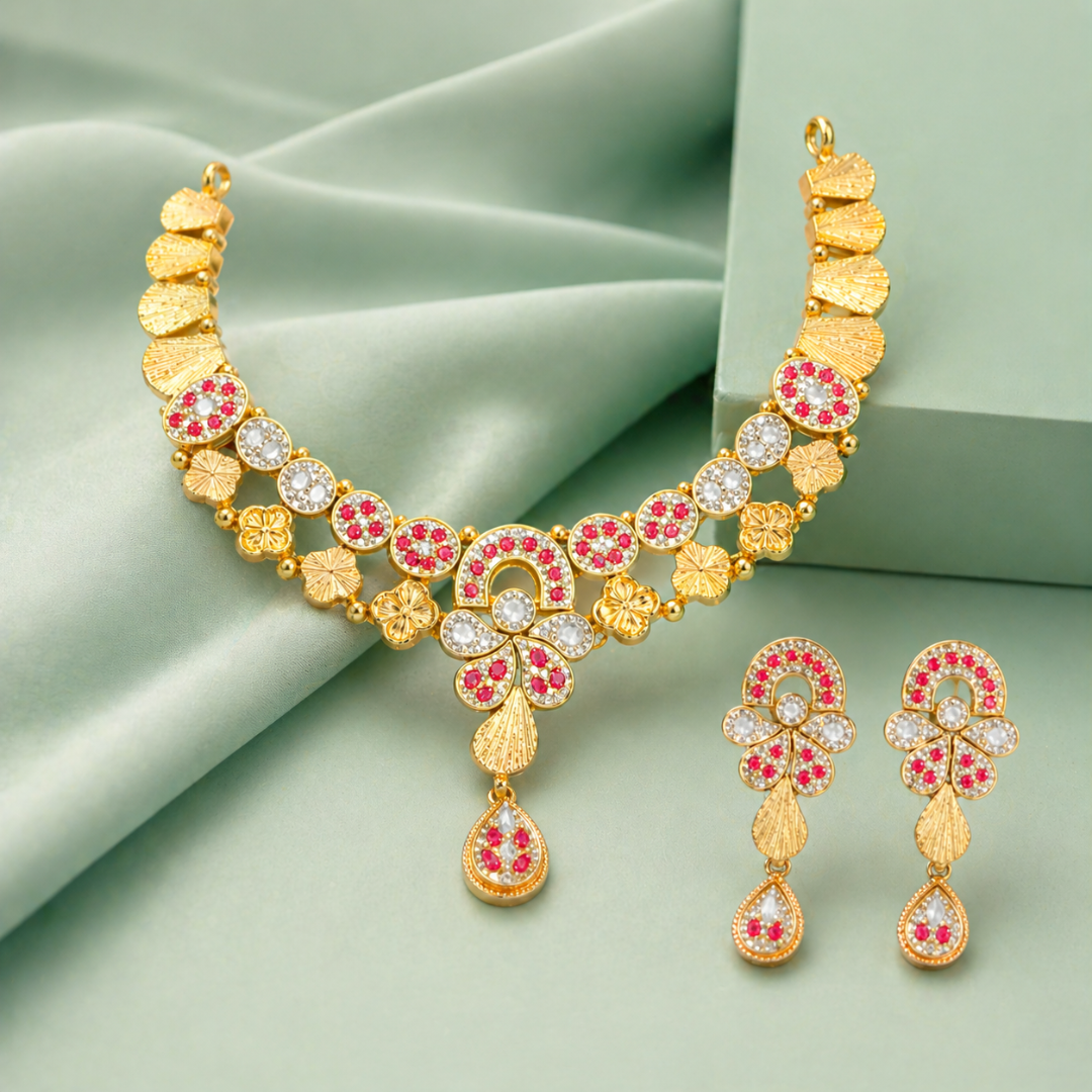 925 Silver Floral Ruby Stone Necklace Set with Earrings SET1001
