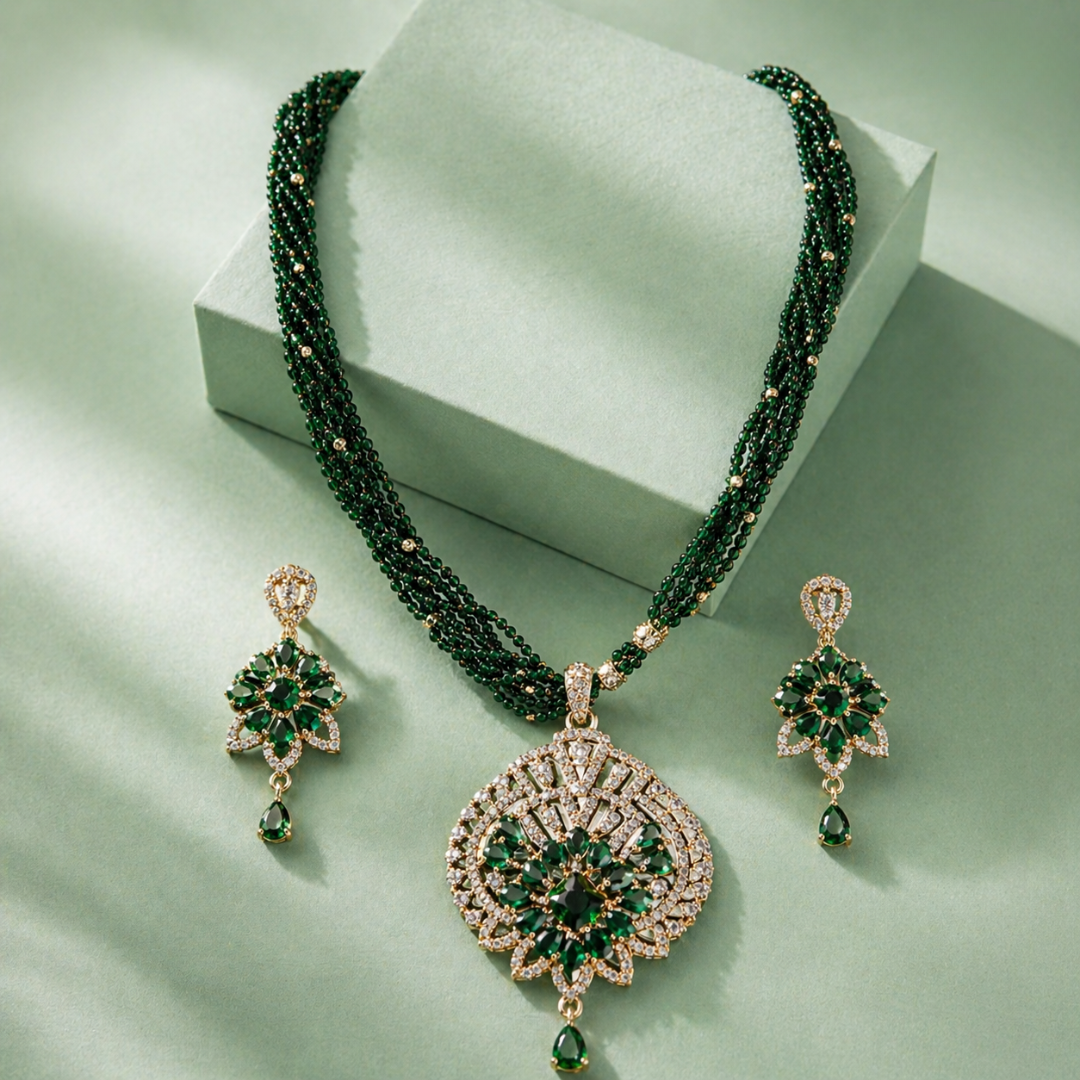 925 Silver Emerald Green Beaded Necklace Set with Statement Pendant SET792