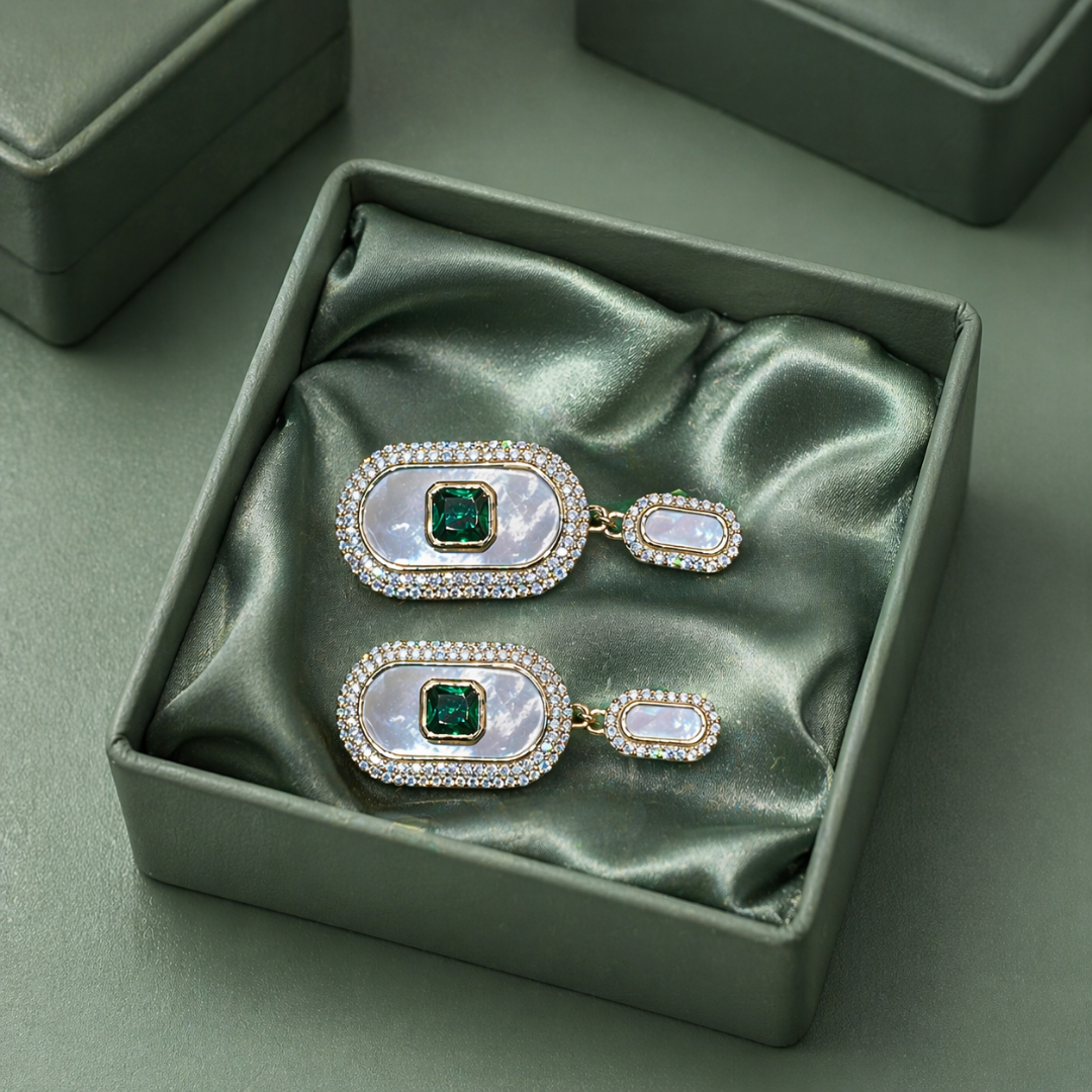 Emerald Green Stone & Mother of Pearl Halo Drop Earrings in 925 Sterling Silver STB - 1727