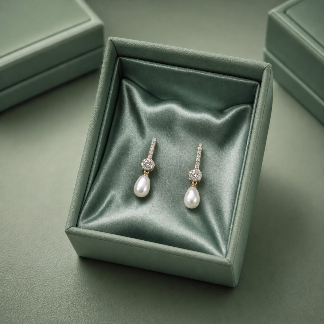 Classic Pearl Drop Earrings with Crystal Bar in 925 Sterling Silver -