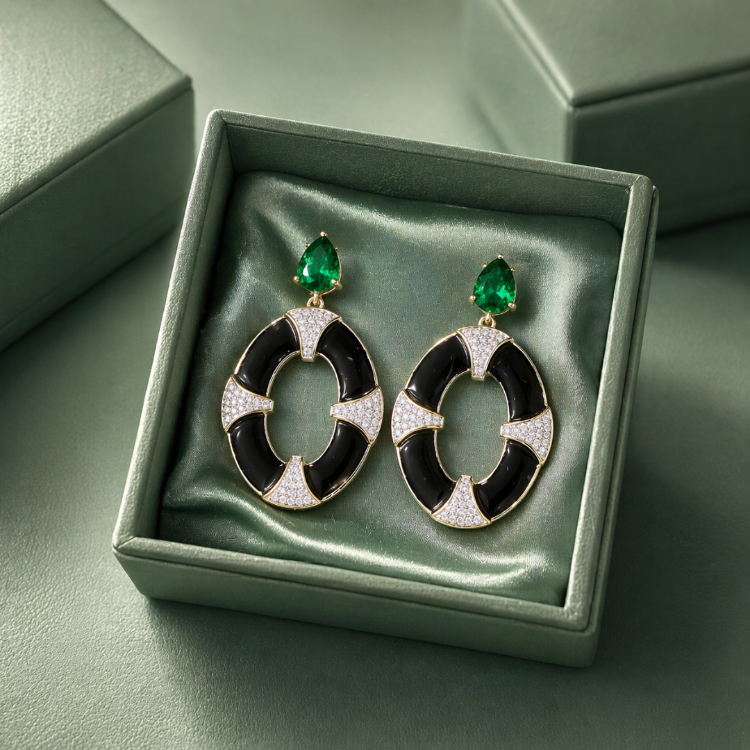 Emerald Green & Black Enamel Statement Hoop Earrings in 925 Sterling Silver STB - 1737