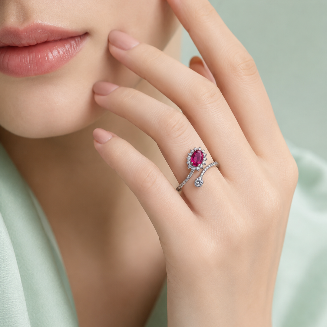 925 Silver Pink Oval Halo Adjustable Ring