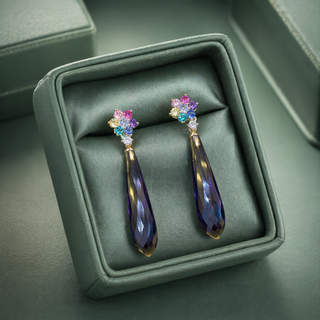 Multicolor Floral Top with Violet Crystal Drop Earrings in 925 Sterling Silver STB - 1491