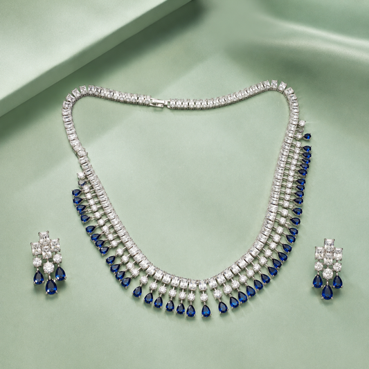 925 Silver Sapphire Drop Statement Necklace Set with Diamond Finish SET781