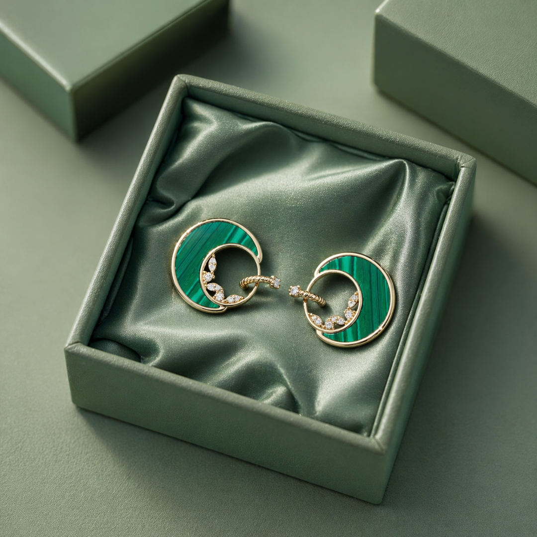 Green Enamel Spiral Hoop Earrings with Diamond Accents in 925 Sterling Silver STB - 1314