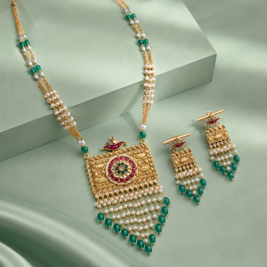 Traditional Kundan Pearl Long Necklace Set with Emerald Drops SET898