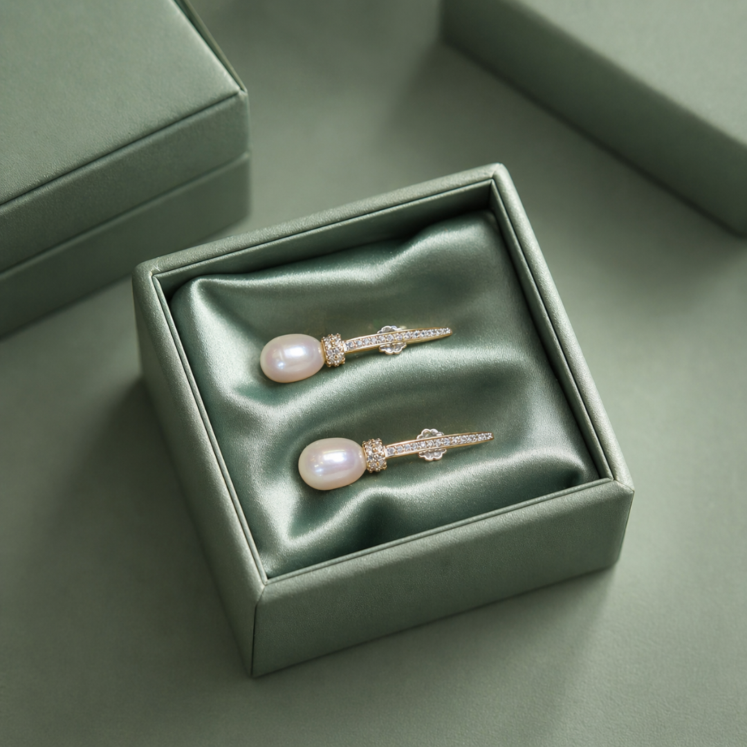 Minimal Pearl Drop Bar Earrings with Zircon Detailing in 925 Sterling Silver STB - 1444