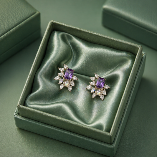 Amethyst Radiance Stud Earrings with Crystal Cluster in 925 Sterling Silver