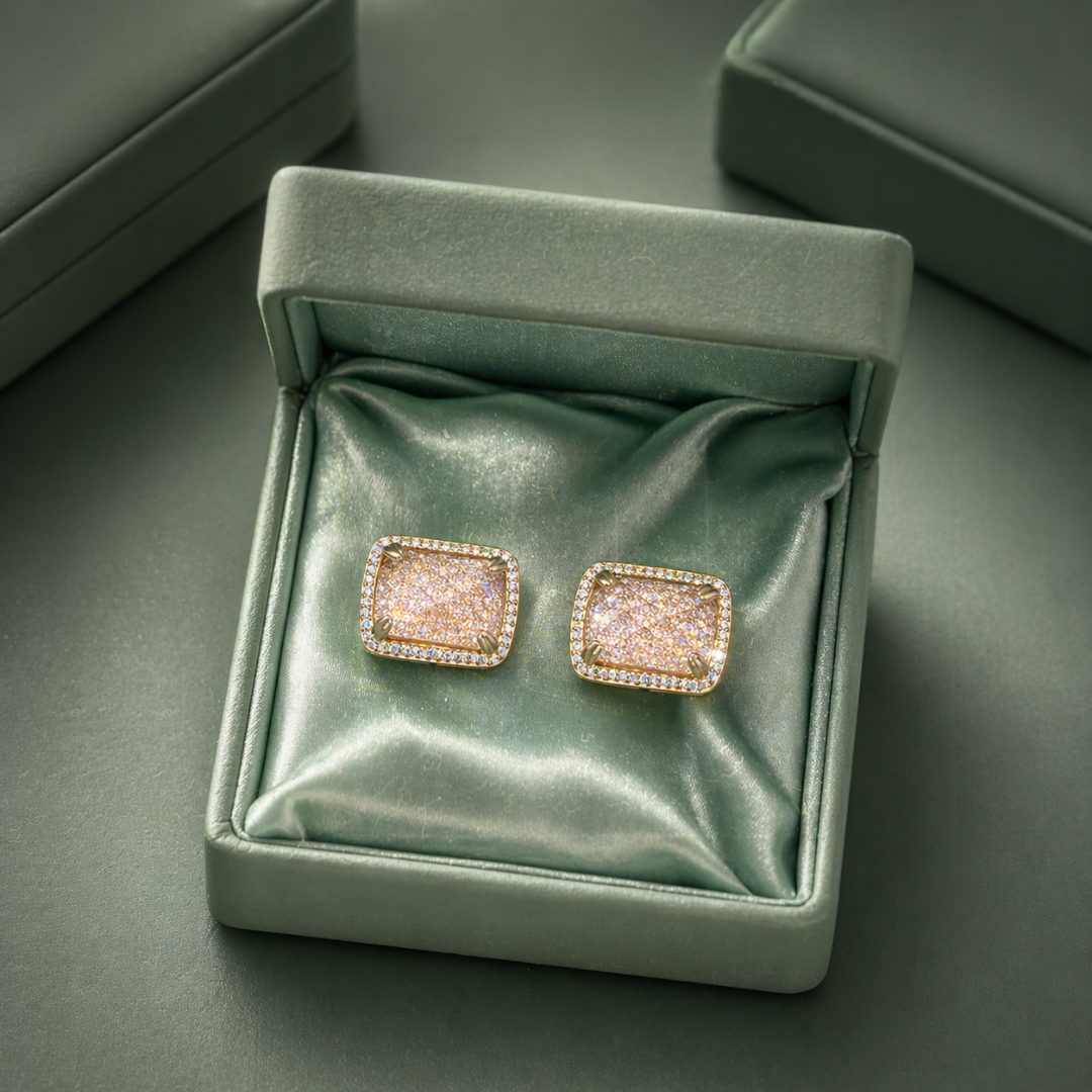 Gold Pave Rectangle Stud Earrings with Micro Zircon in 925 Sterling Silver STB - 1370