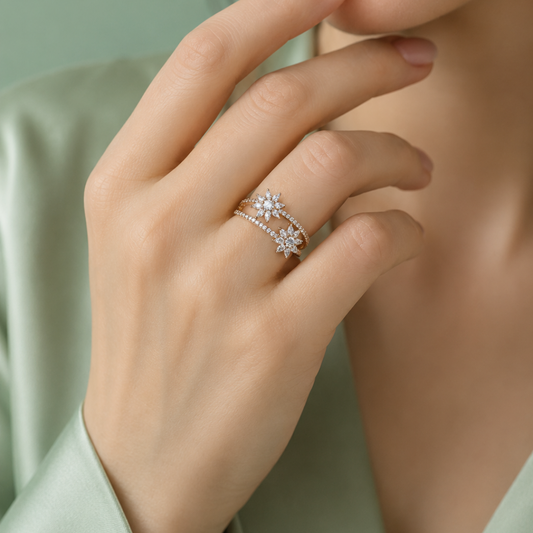 925 Silver Double Flower Adjustable Ring (Gold Finish) IRM4005