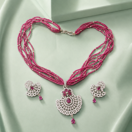 Ruby Beaded Multi-Layer Necklace Set with Pendant & Earrings SET799