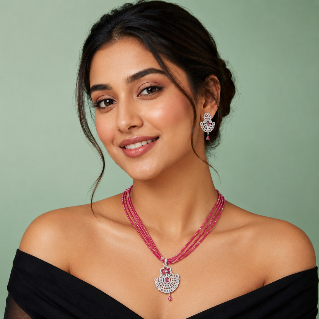 Ruby Beaded Multi-Layer Necklace Set with Pendant & Earrings SET799
