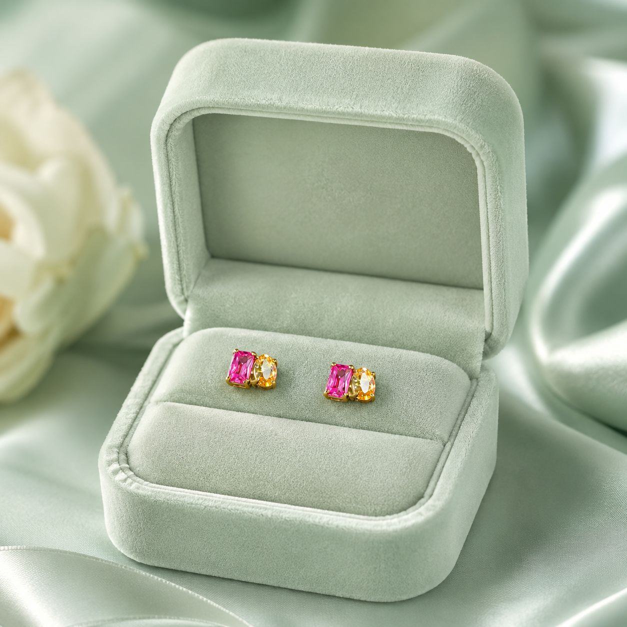 Radiant Duo Pink & Golden Gemstone Stud Earrings – Pure 925 Sterling Silver STB1767