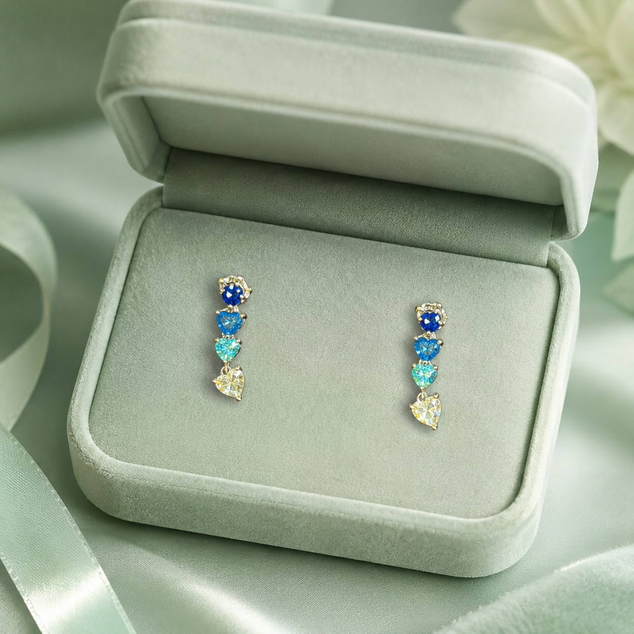 Ocean Heart Cascade Earrings – Pure 925 Sterling Silver Blue Crystal Drop Earrings STB1643