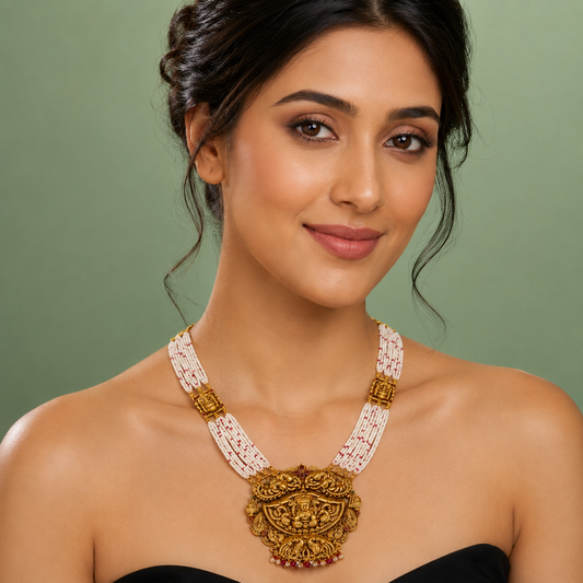 Temple Lakshmi Pearl Haar Necklace with Antique Gold Pendant SET909