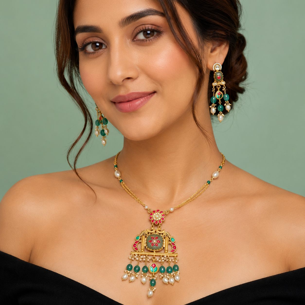 Traditional Kundan Pearl & Green Stone Pendant Necklace Set SET700