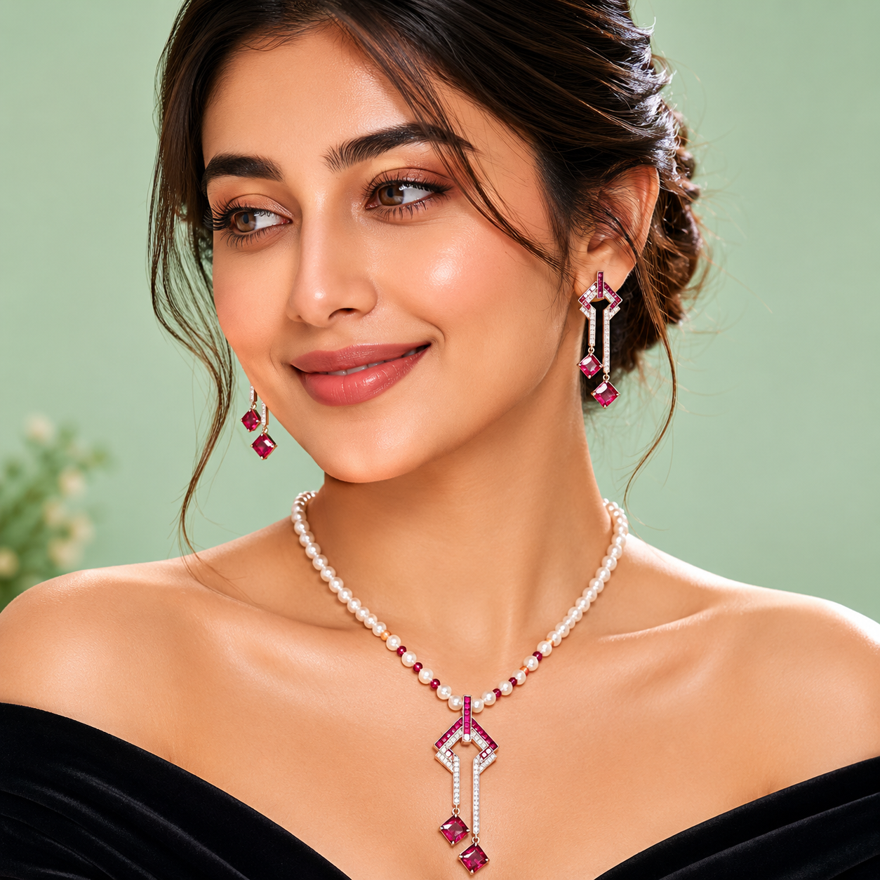 Elegant Pearl & Ruby Drop Pendant Necklace Set SET817