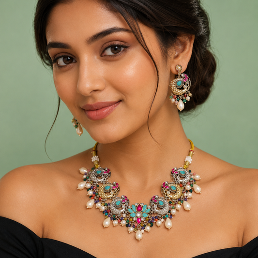Multicolor Peacock Statement Necklace Set with Pearls & Gemstones SET681