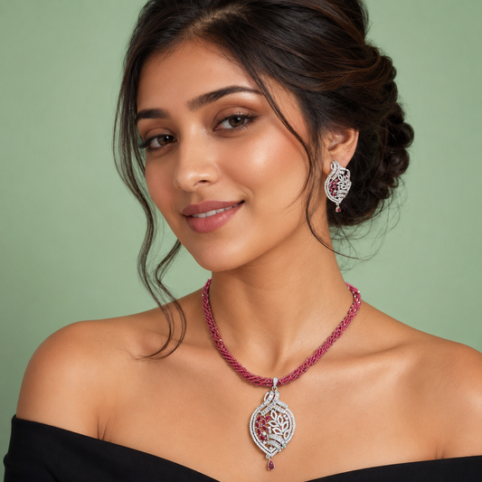 Ruby Red Beaded Necklace Set with Leaf Design Diamond Pendant SET788