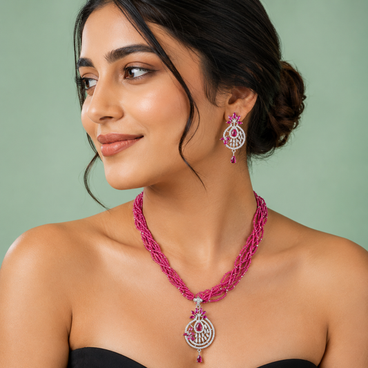 Ruby Pink Beaded Necklace Set with Diamond Finish Pendant SET811