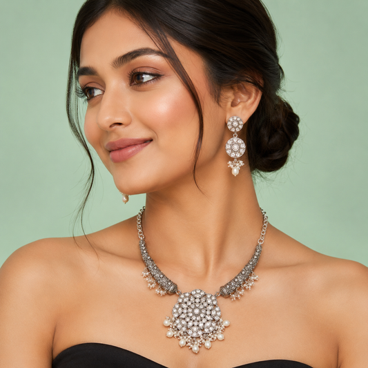 Oxidised Silver Floral Statement Necklace Set with Pearl Drops SET708