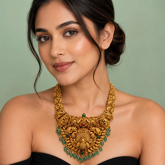 Antique Temple Bridal Necklace with Peacock Motif & Green Beads SET920
