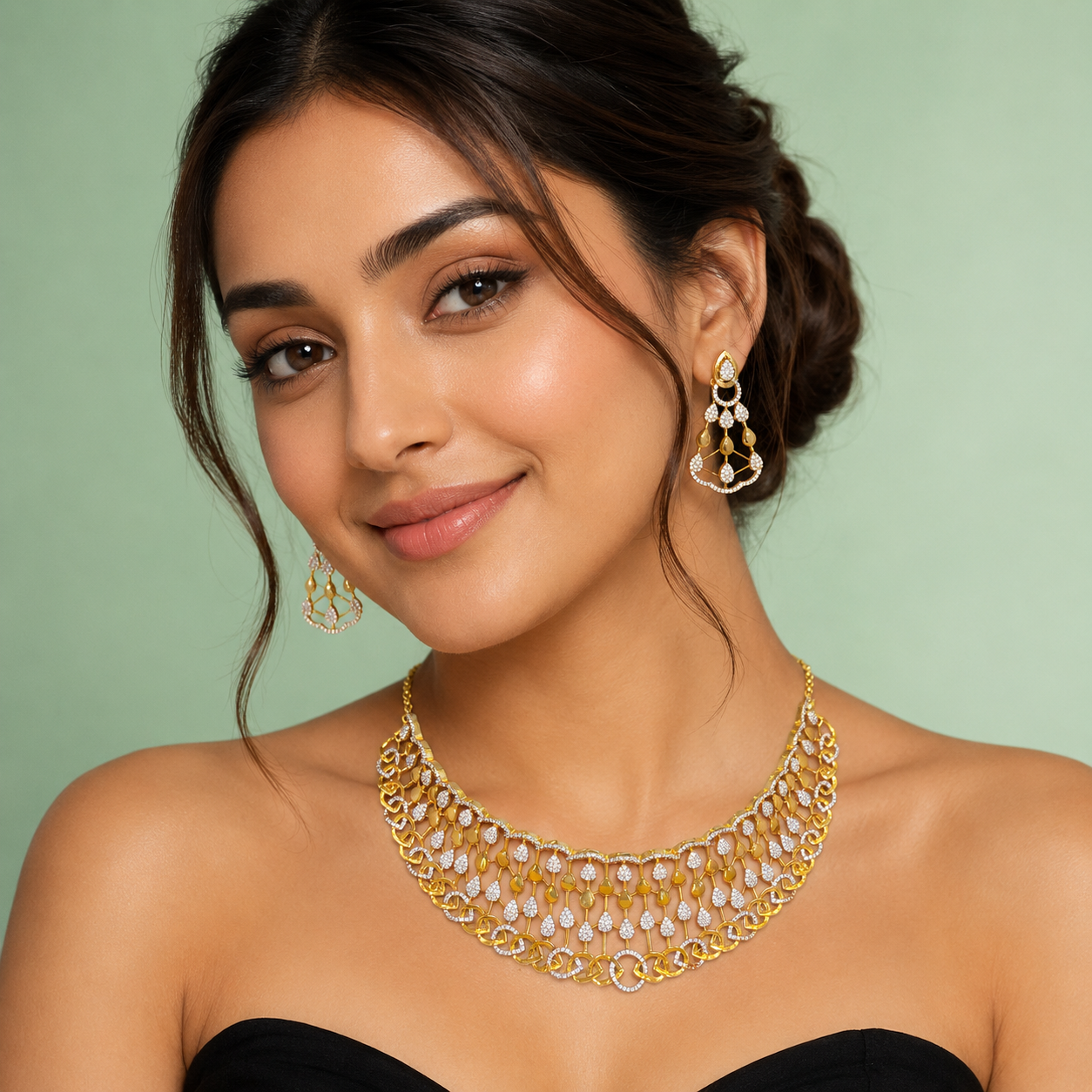 Gold Plated Layered Crystal Choker Necklace Set with Drop Earrings SET88