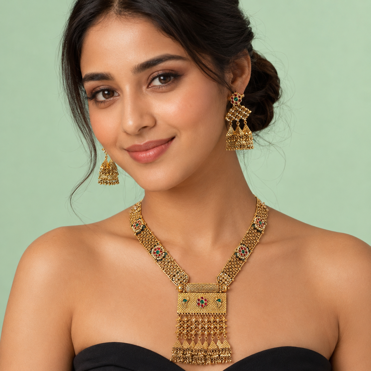 Royal Antique Long Temple Necklace Set with Jhumka Earrings SET899