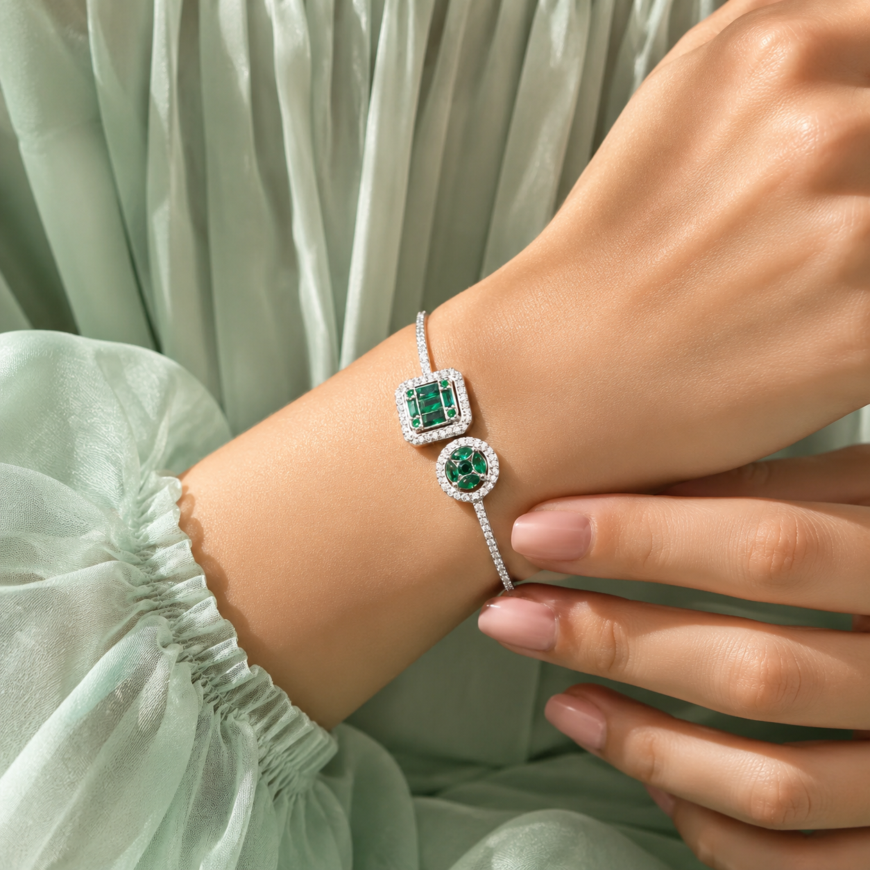Emerald Green Dual Motif 925 Sterling Silver Designer Bracelet for Women SBR2545