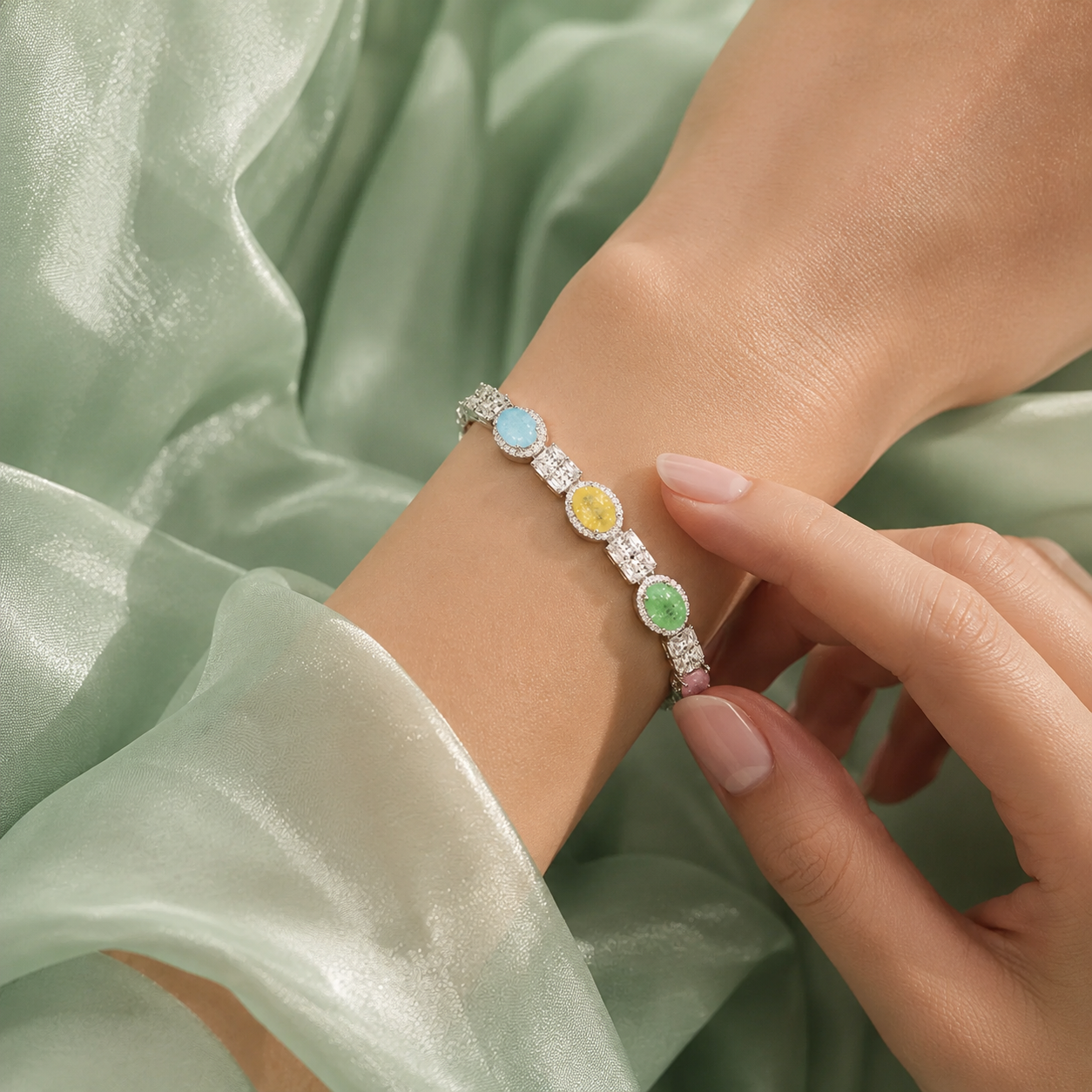 Elegant Pastel Multistone 925 Sterling Silver Designer Bracelet for Women SBR2606