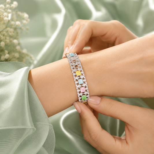 Premium Multicolor Stone 925 Sterling Silver Tennis Bracelet for Women SBR2597