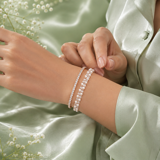 Pure 925 Sterling Silver Pearl & Zircon Bracelet Set for Women – Elegant Rose Gold Designer Bangles SBR2626