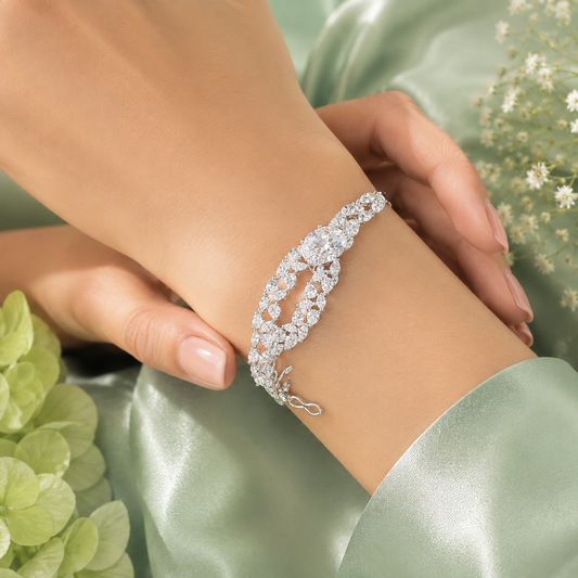 Luxury Statement Crystal Leaf Designer Bracelet for Women – 925 Sterling Silver SBR2598