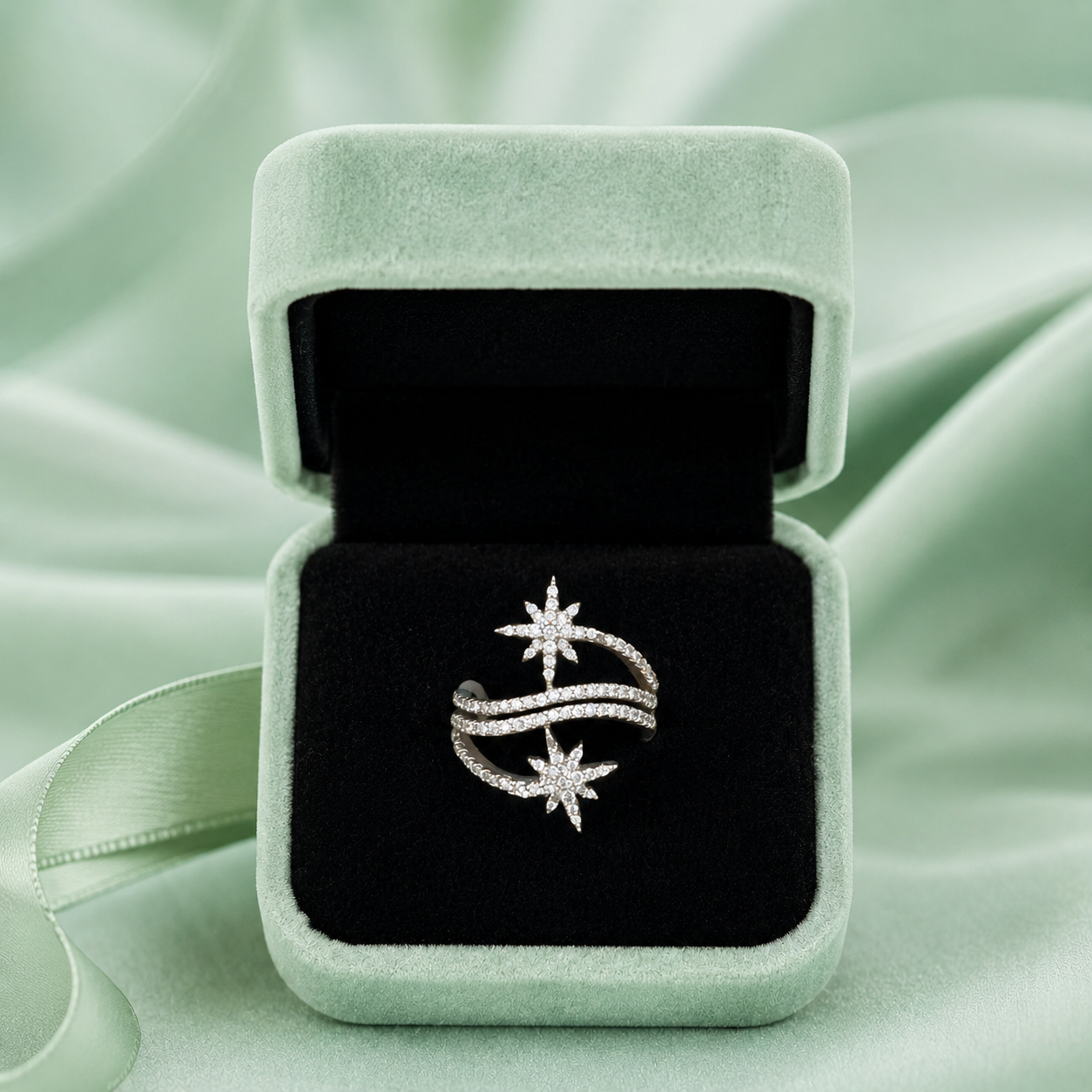 925 Pure Silver Celestial Star Open Ring for Women | Cubic Zirconia Adjustable Designer Ring IRM4249