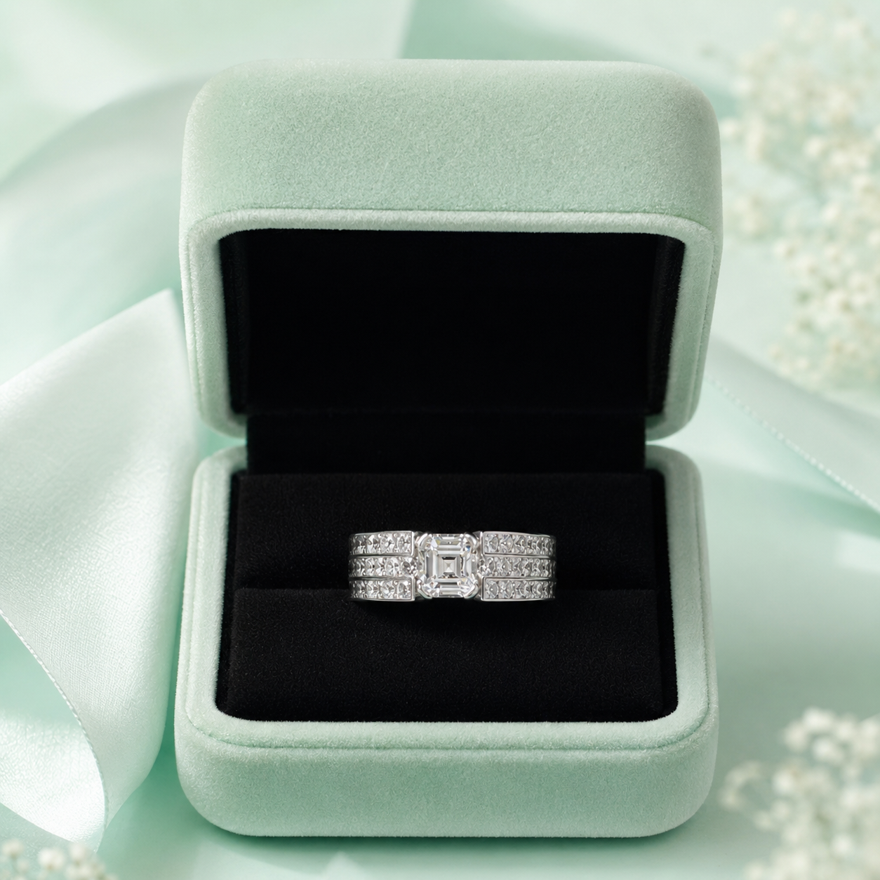 925 Pure Silver Emerald-Cut CZ Statement Ring for Women | Luxury Multi-Row Diamond Look Ring IRM3843