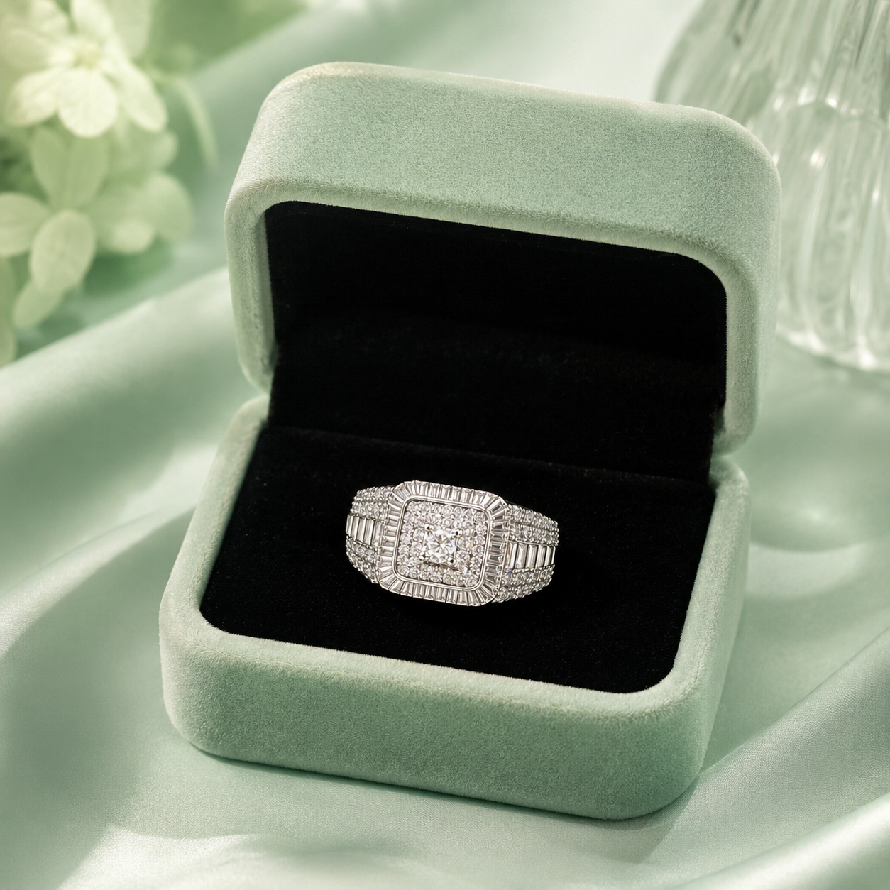 925 Sterling Silver Iced-Out Square Cluster Ring for Men | Premium CZ Diamond Statement Ring IRM3998