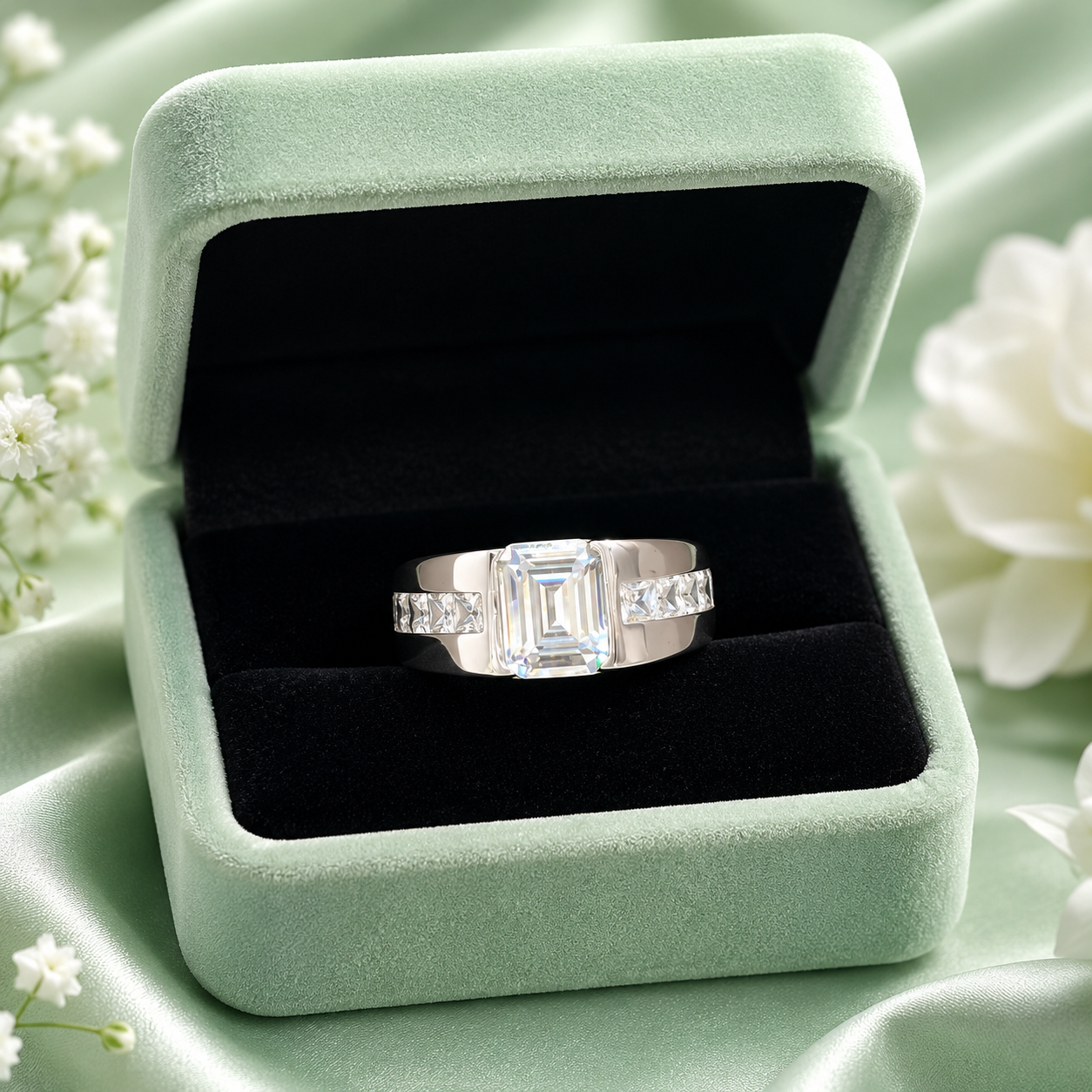 925 Pure Sterling Silver Emerald-Cut Solitaire Ring with Side Stones | Luxury Statement Ring for Men IRM3849