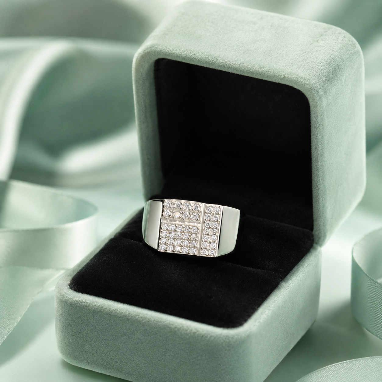925 Sterling Silver Diamond-Cut Square Cluster Ring for Men | Premium CZ Stone Statement Ring IRM4786