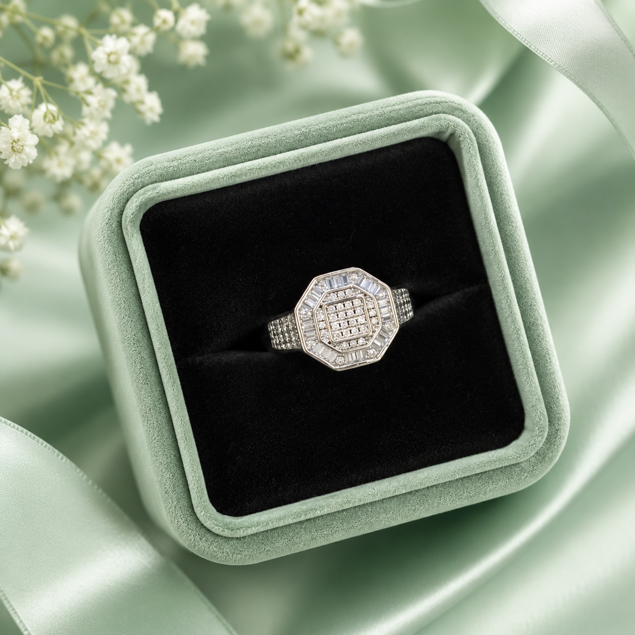925 Sterling Silver Octagonal Diamond Cluster Ring for Women | Elegant Luxury Statement Ring IRM3991