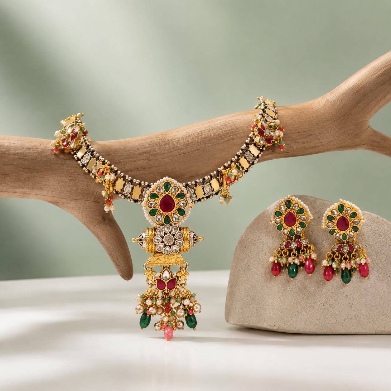 Antique Multicolor Stone Choker Necklace Set with Pearl & Bead Drops SET677