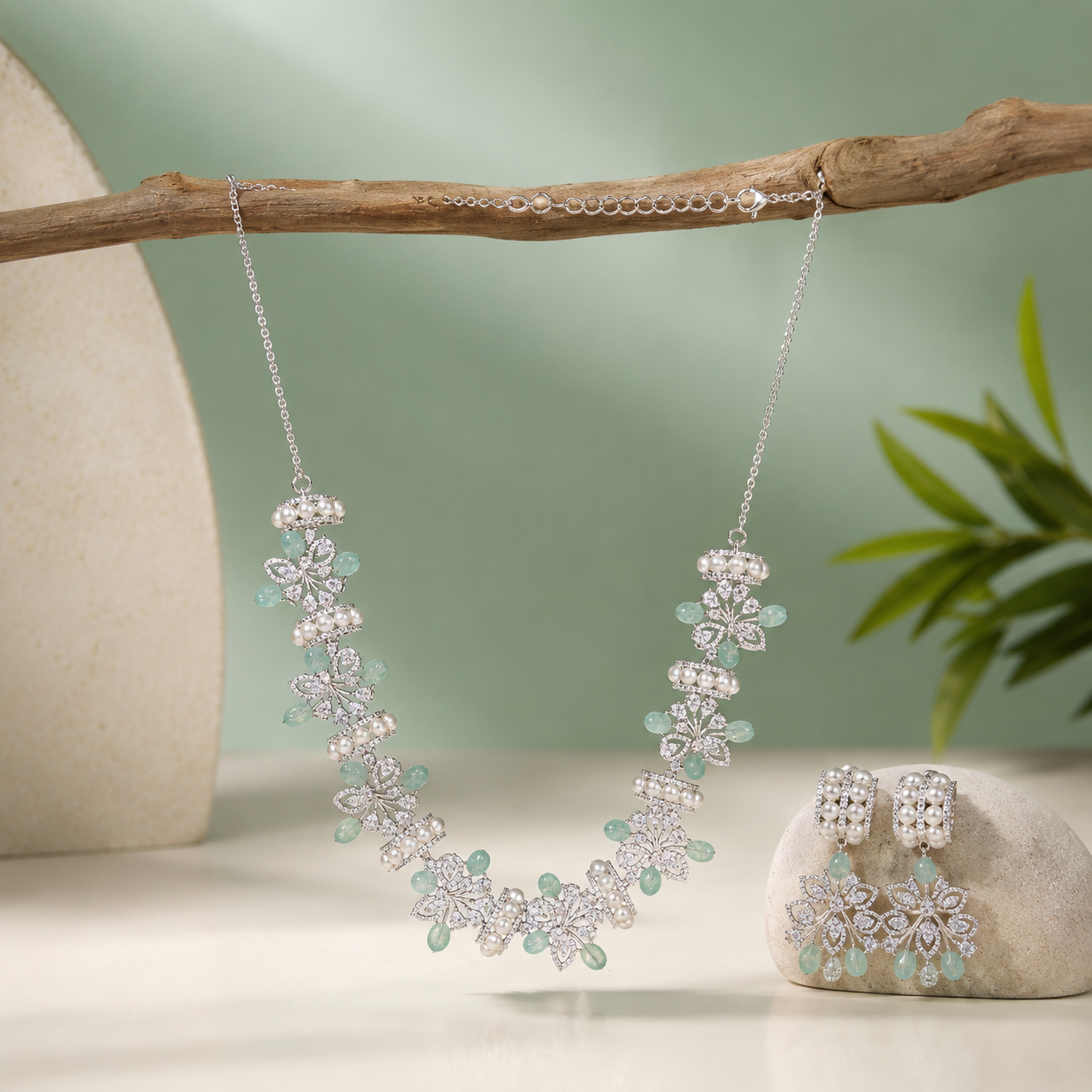 925 Silver Floral Necklace Set with Pearls & Aqua Green Stones SET696
