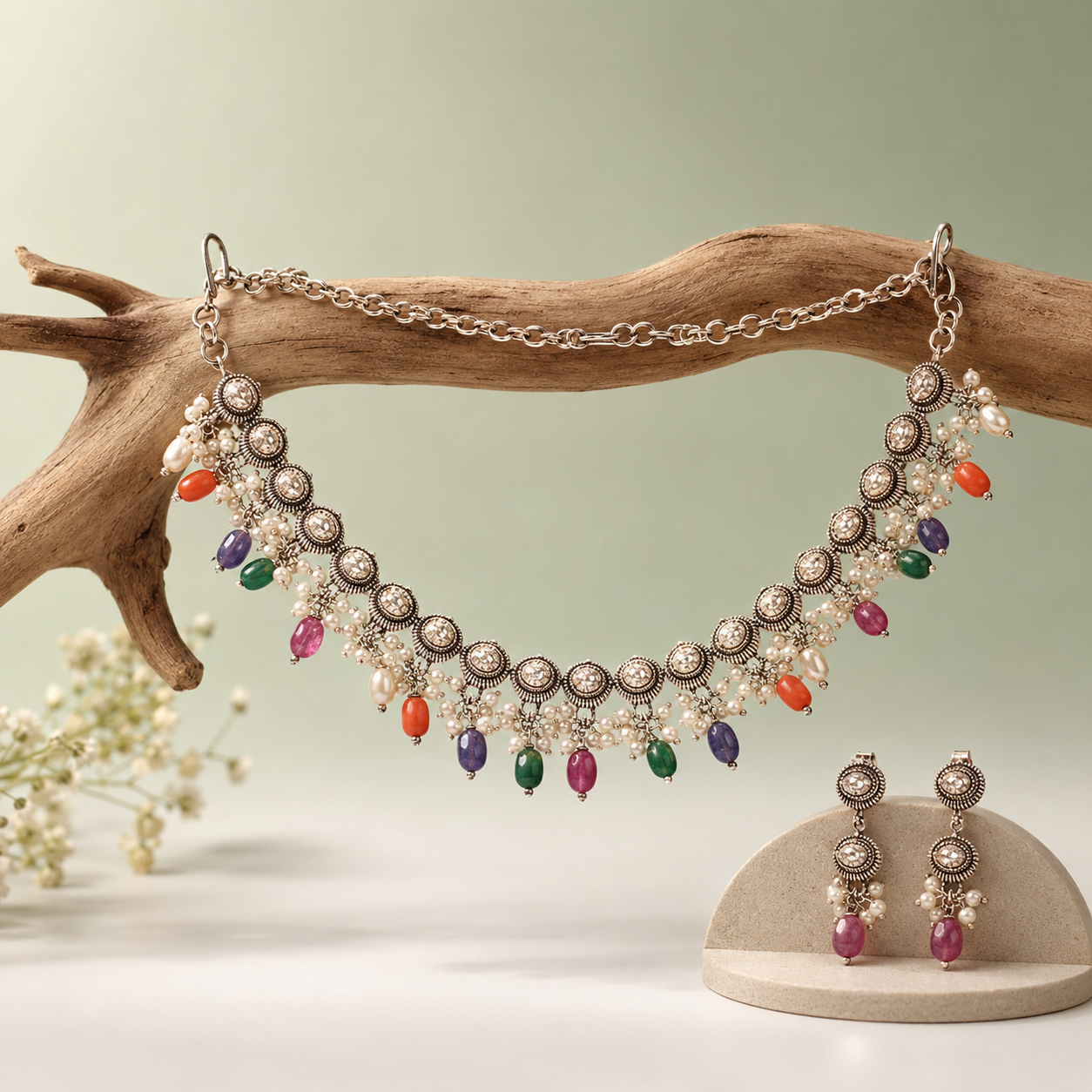 925 Silver Multi-Stone Antique Necklace Set with Pearl Detailing SET709