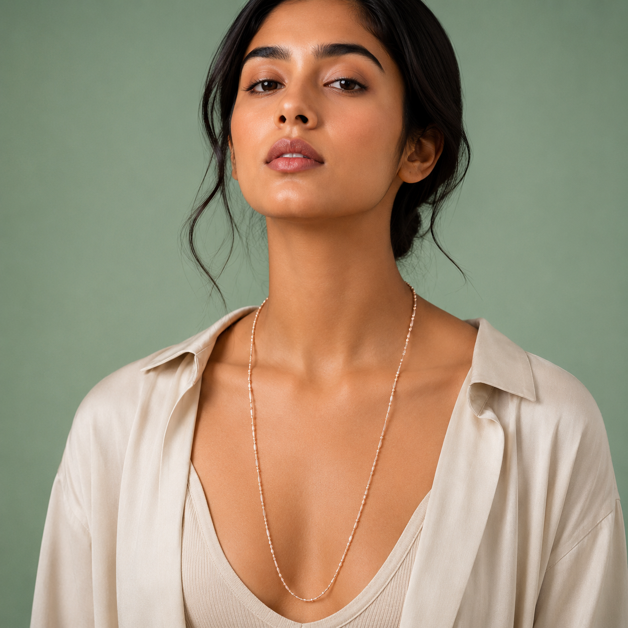 Rose Gold Long Beaded Chain Necklace – Minimal Layering Elegance SCH2232