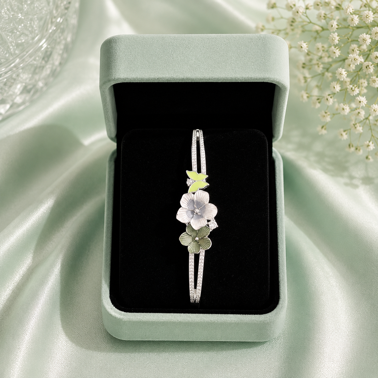 Elegant Dual Floral Enamel 925 Sterling Silver Bracelet for Women SBR2583
