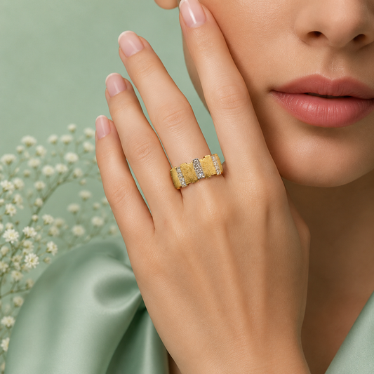 925 Sterling Silver Gold Finish Geometric CZ Ring for Women | Premium Designer Statement Ring IRM3707