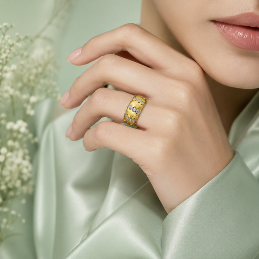 925 Sterling Silver Gold-Tone Textured Designer Band Ring for Women IRM3702