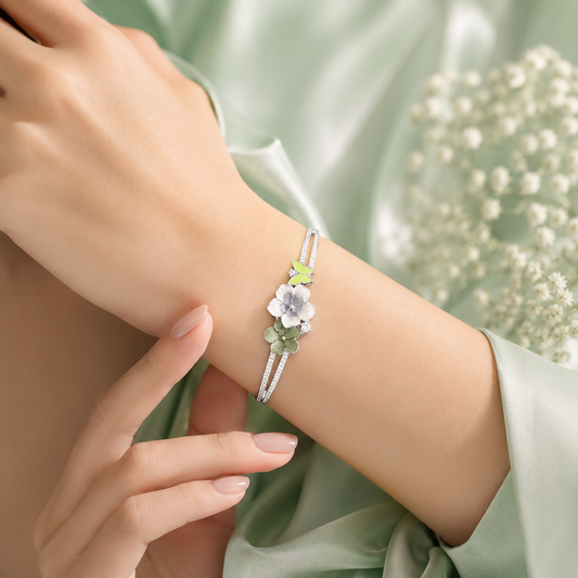 Elegant Dual Floral Enamel 925 Sterling Silver Bracelet for Women SBR2583