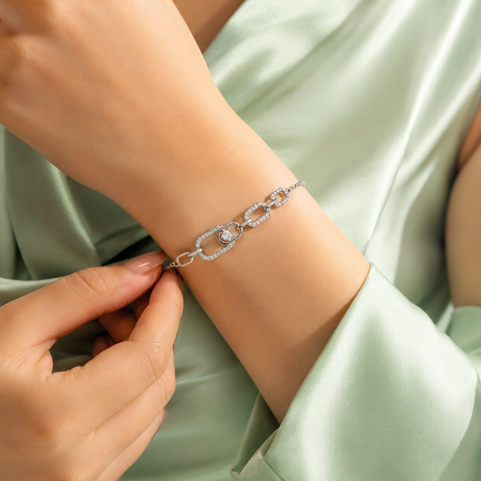 Linked Elegance 925 Sterling Silver Chain Bracelet with Crystal Accent SBR2898